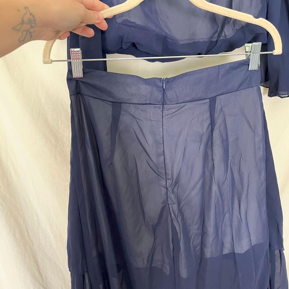2 Piece Navy Blue Chiffon Matching Pantsuit Set Size M - Picture 3 of 8